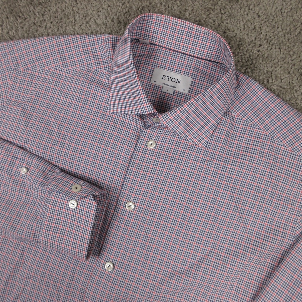 ETON Shirt Mens Large 16 Contemporary Blue Red White Slim Cotton Dress Button Up